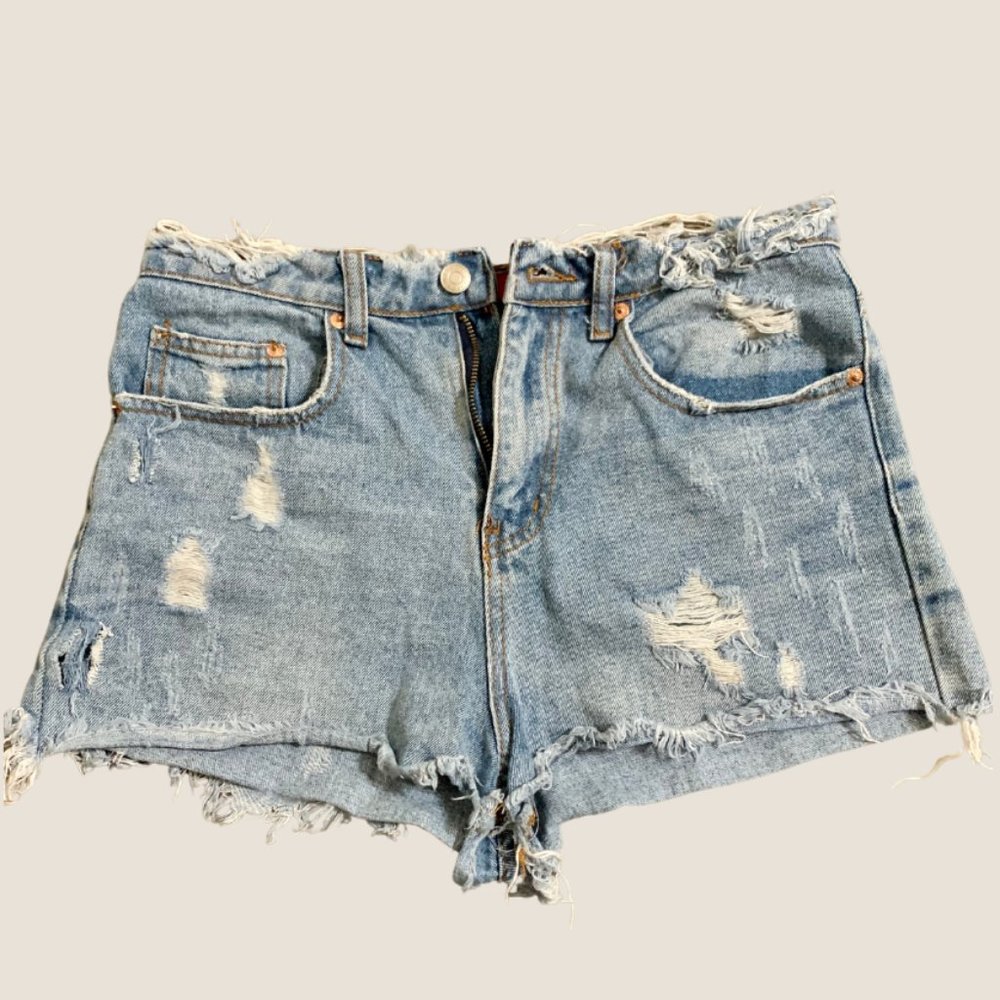 Distressed High Rise Denim Shorts